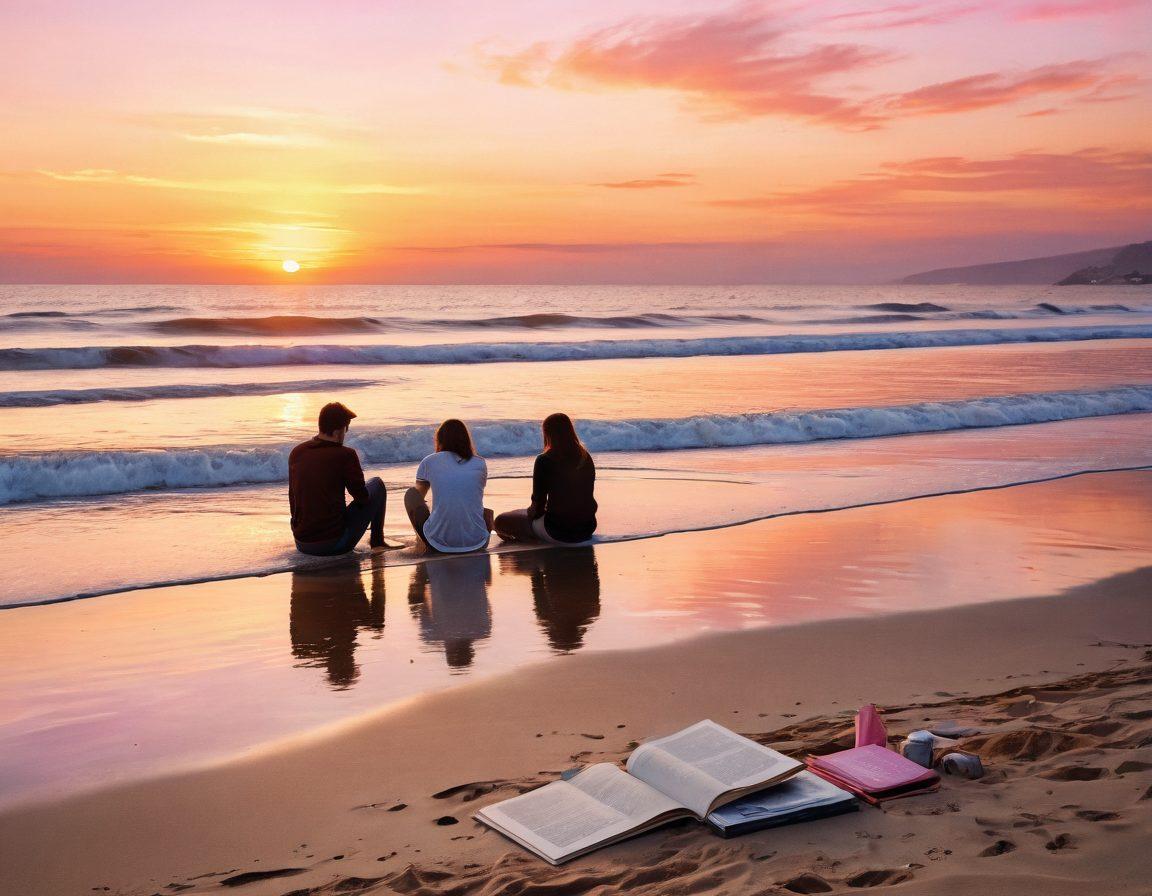 A serene landscape depicting a peaceful beach at sunset with soft waves lapping against the shore. In the foreground, a couple sits on the sand, deep in thought, holding hands, surrounded by travel mementos like a camera and a journal. The sky is painted in warm hues of orange and pink, reflecting a sense of nostalgia. The atmosphere conveys a mix of sadness and beauty, inviting the viewer to feel the depth of emotions associated with cherished memories. watercolor painting. warm tones. soft focus.