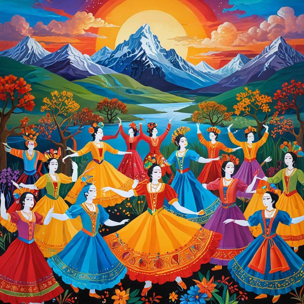 A vibrant, whimsical collage depicting diverse cultural elements that evoke both joy and sadness, such as a colorful festival scene intertwined with serene moments of reflection. Include traditional dances, emotional masks, and picturesque landscapes blending light and shadow. The colors should be rich and expressive, highlighting contrasts of feelings. The overall atmosphere should invite a sense of harmony in duality. surrealism. vibrant colors. artistic collage.