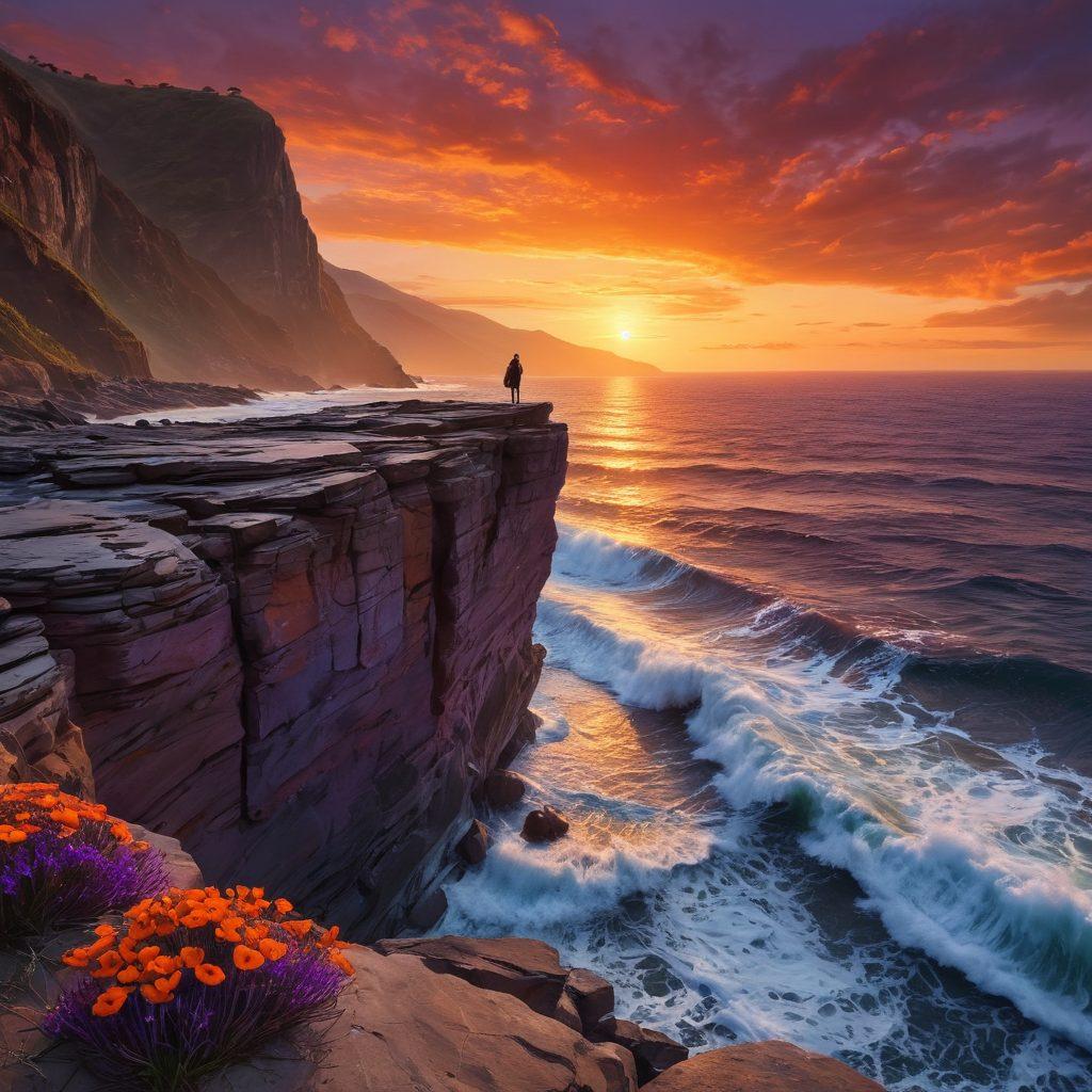 A serene landscape showcasing a lone traveler standing at the edge of a cliff, overlooking a vast, melancholic ocean at sunset, with soft waves crashing below. The sky is painted in hues of purple and orange, embodying both beauty and sadness. Include a single, wilting flower in the traveler's hand, symbolizing reflective journeys. evoking a sense of bittersweet adventure. super-realistic. vibrant colors. atmospheric.